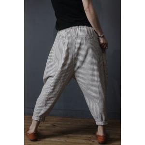 Straight Pockets Cotton Linen Pants Vertical Striped Radish Pants