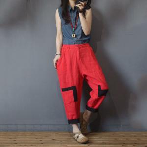 Korean Fashion Patchwork Harem Pants Flax Cruise Wear for Women