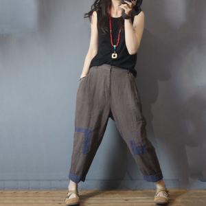 Korean Fashion Patchwork Harem Pants Flax Cruise Wear for Women