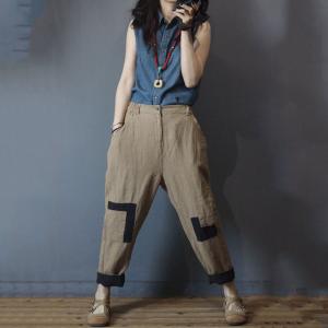 Korean Fashion Patchwork Harem Pants Flax Cruise Wear for Women