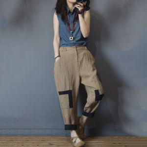 Korean Fashion Patchwork Harem Pants Flax Cruise Wear for Women