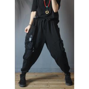 Sports Style Cotton Harem Pants Patched Pockets Black Trousers for Women