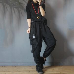 Sports Style Cotton Harem Pants Patched Pockets Black Trousers for Women