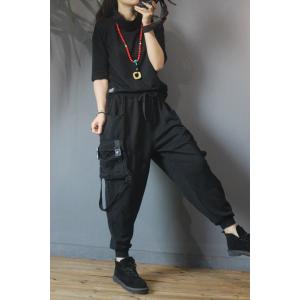 Sports Style Cotton Harem Pants Patched Pockets Black Trousers for Women