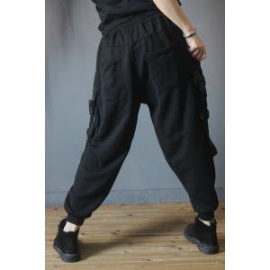 Sports Style Cotton Harem Pants Patched Pockets Black Trousers for Women