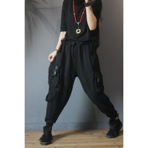 Sports Style Cotton Harem Pants Patched Pockets Black Trousers for Women