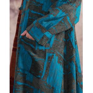 Blue Contrast Jacquard Vintage Coat Cotton Linen Long Chinese Outerwear