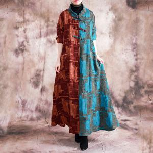 Blue Contrast Jacquard Vintage Coat Cotton Linen Long Chinese Outerwear