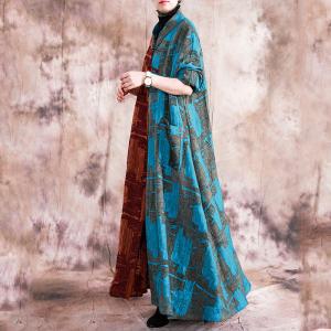 Blue Contrast Jacquard Vintage Coat Cotton Linen Long Chinese Outerwear