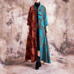 Blue Contrast Jacquard Vintage Coat Cotton Linen Long Chinese Outerwear