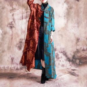 Blue Contrast Jacquard Vintage Coat Cotton Linen Long Chinese Outerwear