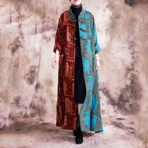 Blue Contrast Jacquard Vintage Coat Cotton Linen Long Chinese Outerwear