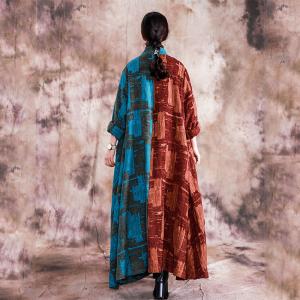 Blue Contrast Jacquard Vintage Coat Cotton Linen Long Chinese Outerwear