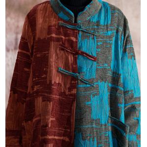 Blue Contrast Jacquard Vintage Coat Cotton Linen Long Chinese Outerwear