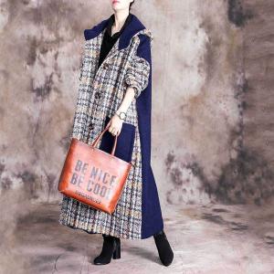 Blue Pockets Woolen Hooded Coat Plus Size Checkered Coat