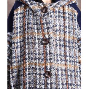 Blue Pockets Woolen Hooded Coat Plus Size Checkered Coat