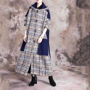 Blue Pockets Woolen Hooded Coat Plus Size Checkered Coat