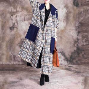 Blue Pockets Woolen Hooded Coat Plus Size Checkered Coat