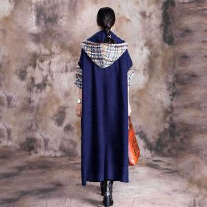 Blue Pockets Woolen Hooded Coat Plus Size Checkered Coat