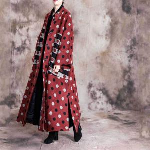 Stand Collar Winter Polka Dot Coat Side Slits Woolen Overcoat for Woman