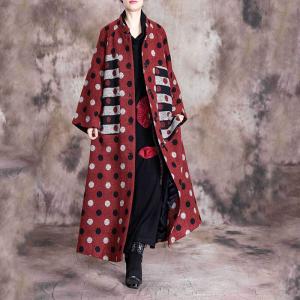 Stand Collar Winter Polka Dot Coat Side Slits Woolen Overcoat for Woman