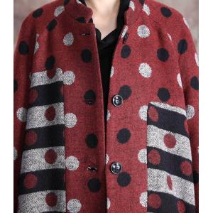 Stand Collar Winter Polka Dot Coat Side Slits Woolen Overcoat for Woman