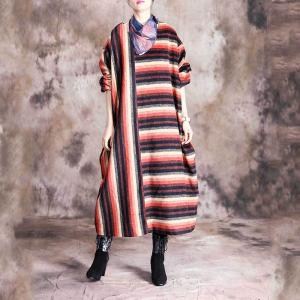 Colorful Striped Plus Size Wool Dress Flare Winter Dress for Senior Women