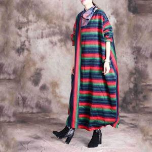 Colorful Striped Plus Size Wool Dress Flare Winter Dress for Senior Women