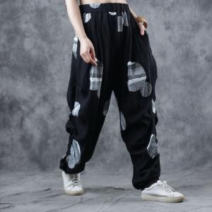 Street Style White Dotted Hippie Pants Plus Size Black Balloon Pants