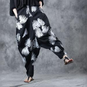 White Leaf Black Yoga Pants Cotton Comfy Genie Pants