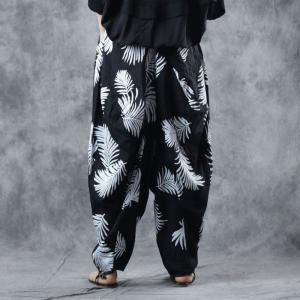 White Leaf Black Yoga Pants Cotton Comfy Genie Pants