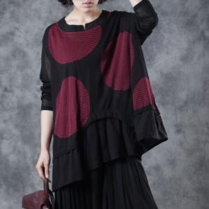 Long Sleeve Plus Size Dark Red Knitwear See-Through Polka Dot Pullover