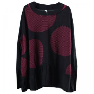 Long Sleeve Plus Size Dark Red Knitwear See-Through Polka Dot Pullover