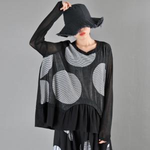 Trendy White Dotted Pullover Black Long Sleeve Blouse