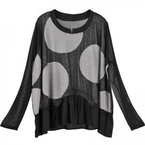 Trendy White Dotted Pullover Black Long Sleeve Blouse