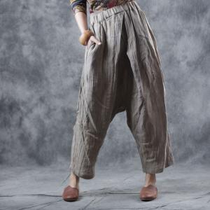 Organic Linen Baggy Cropped Pants Side Pockets Pleated Harem Pants