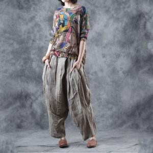 Organic Linen Baggy Cropped Pants Side Pockets Pleated Harem Pants