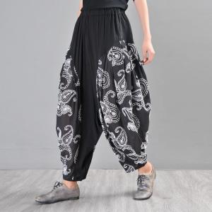 Paisley Printed Balloon Pants Black Plus Size Cotton Trousers