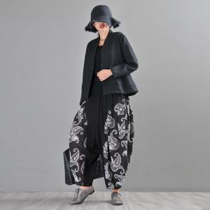 Paisley Printed Balloon Pants Black Plus Size Cotton Trousers