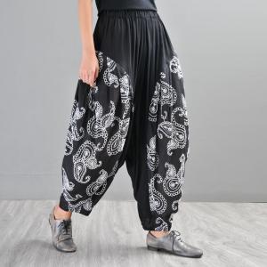 Paisley Printed Balloon Pants Black Plus Size Cotton Trousers