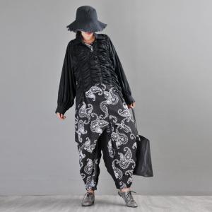 Paisley Printed Balloon Pants Black Plus Size Cotton Trousers