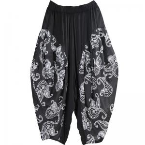 Paisley Printed Balloon Pants Black Plus Size Cotton Trousers