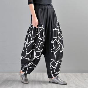 Geometrical Printed Long Bloomers Plus Size Black Harem Pants