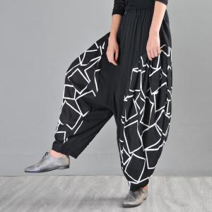 Geometrical Printed Long Bloomers Plus Size Black Harem Pants