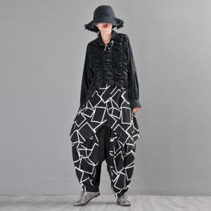 Geometrical Printed Long Bloomers Plus Size Black Harem Pants