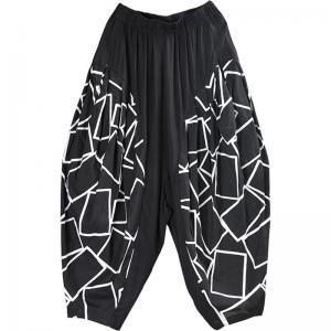 Geometrical Printed Long Bloomers Plus Size Black Harem Pants