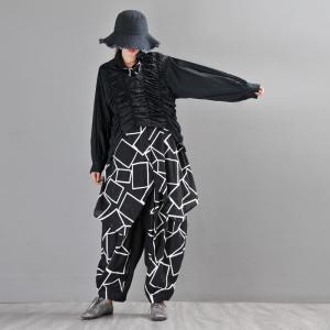 Geometrical Printed Long Bloomers Plus Size Black Harem Pants