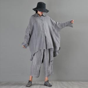 Long Sleeve Linen Oversized Shirt Korean Gray Blouse