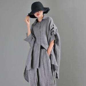 Long Sleeve Linen Oversized Shirt Korean Gray Blouse