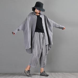 Long Sleeve Linen Oversized Shirt Korean Gray Blouse